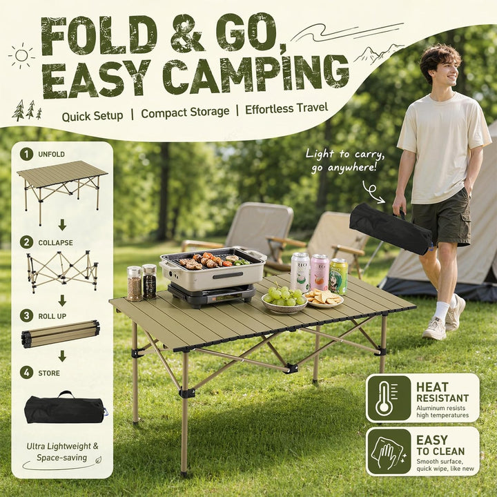 Campingtisch klappbar 96x54x55,5cm mit aufrollbarer Tischplatte aus Kohlenstoffstahl, Tragbarer Falt