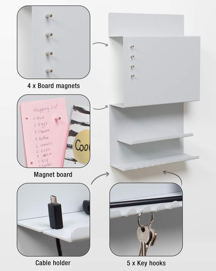 byde Wandorganizer Hepe aus Stahlstruktur. 30 x 9 x 49 cm 3-in-1 Wandregal mit Magnettafel und Magne