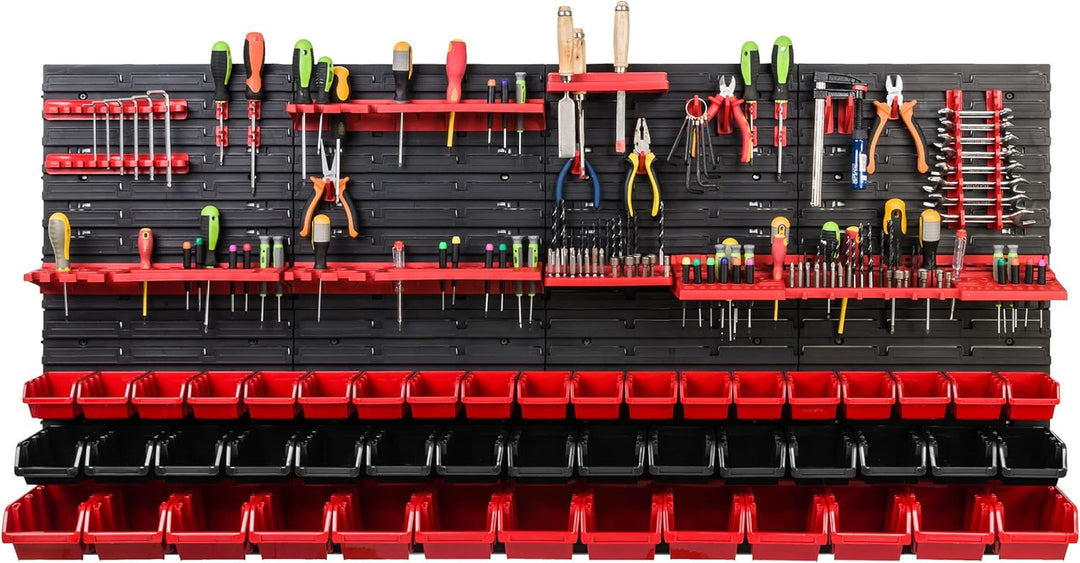 Lagersystem Werkstattregal | 156 x 78 cm | 47 stck. Box | Wandregal mit Werkzeughalterungen und Stap