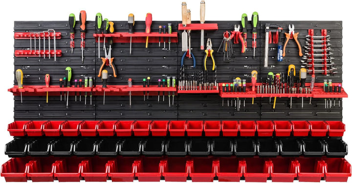 Lagersystem Werkstattregal | 156 x 78 cm | 47 stck. Box | Wandregal mit Werkzeughalterungen und Stap