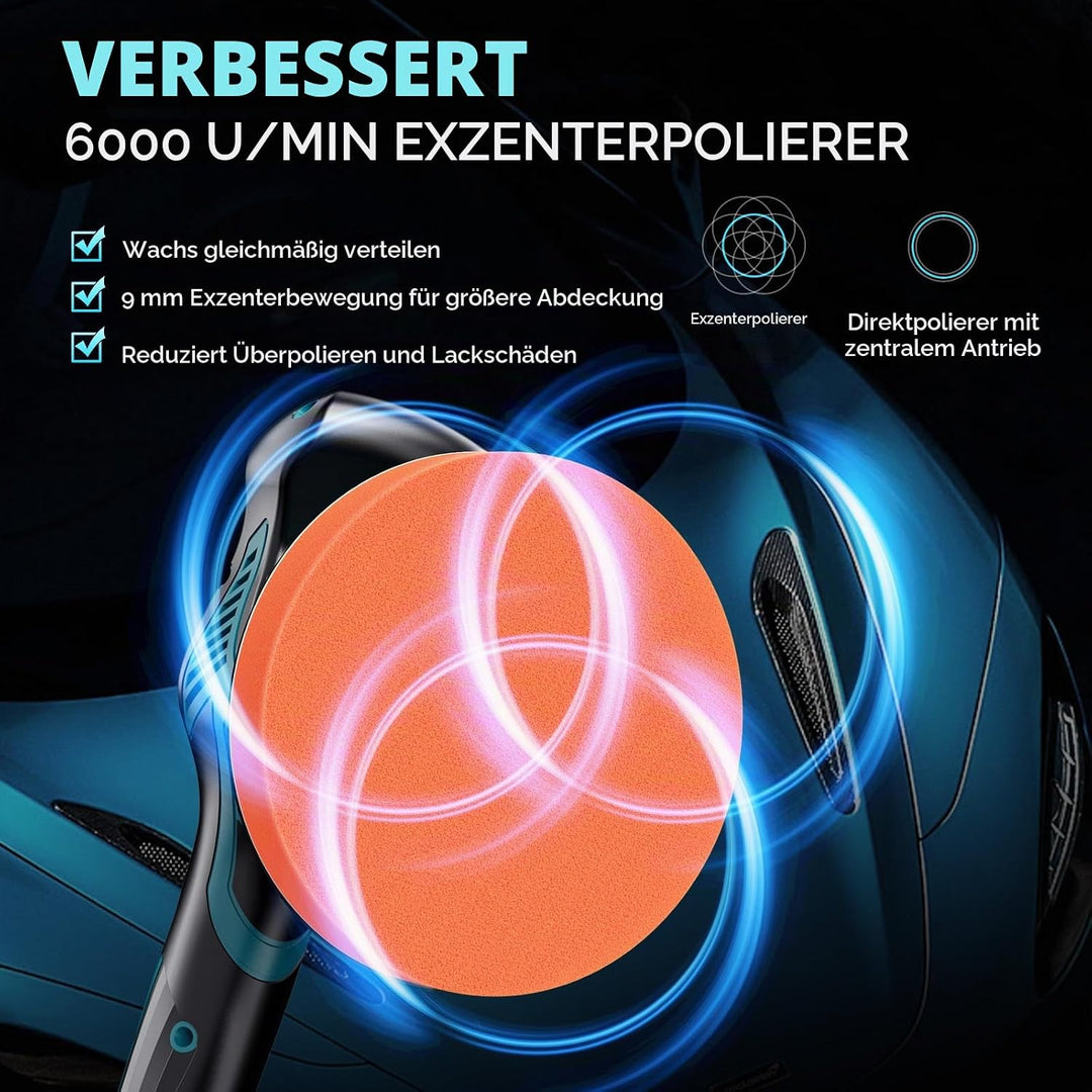 Yofuly Akku Autopoliermaschine 6 Zoll, 8 Stufen Orbital Polierer Set mit 2x 2000mAh Akkus, Exzenter
