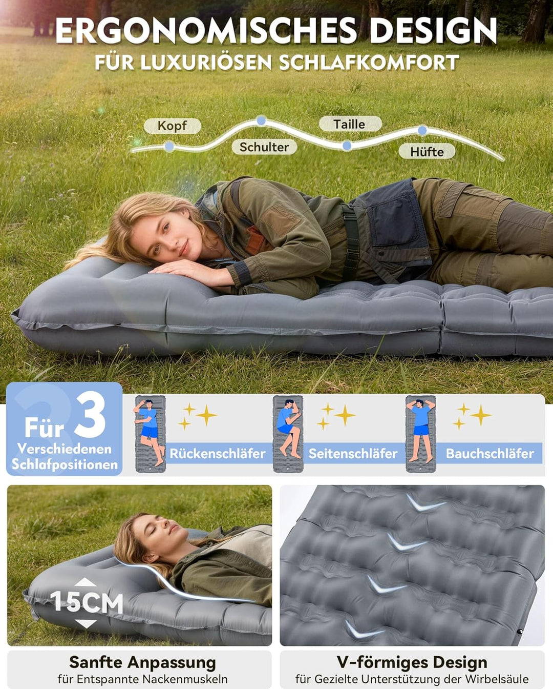 HIKENTURE Isomatte Camping, 12CM Ultradicke Isomatte Ultraleicht mit Kissen, Aufblasbare Matratze Kl