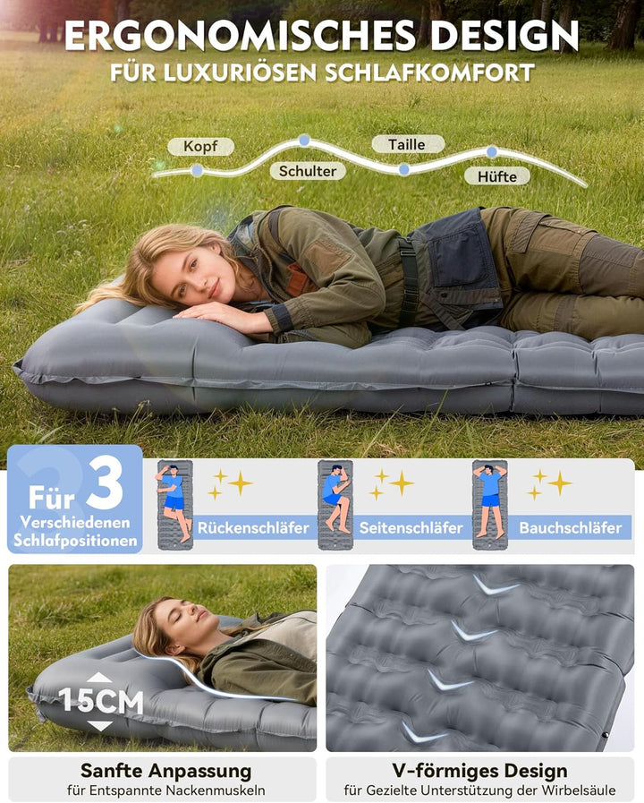 HIKENTURE Isomatte Camping, 12CM Ultradicke Isomatte Ultraleicht mit Kissen, Aufblasbare Matratze Kl