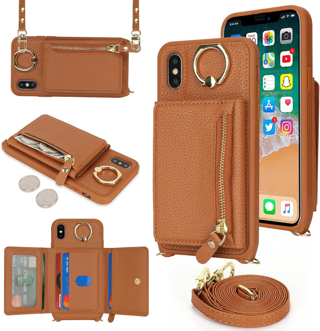 ELTEKER Handyhülle für iPhone XS Max Hülle mit Band Kartenfach Handykette Ringhalterung Geldbörse,Le