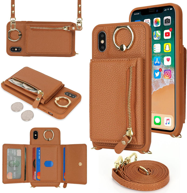 ELTEKER Handyhülle für iPhone XS Max Hülle mit Band Kartenfach Handykette Ringhalterung Geldbörse,Le