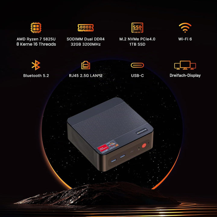 BOSGAME P4 Plus Dual 2.5G LAN Mini Gaming-PC, AMD Ryzen 7 5825U Prozessor (bis zu 4,5 GHz), Windows