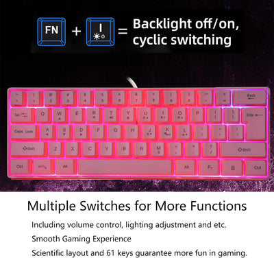 ASHATA Rosa Gaming Mechanische Tastatur, 61 Tasten RGB Hintergrundbeleuchtung Computer USB Gaming Ta