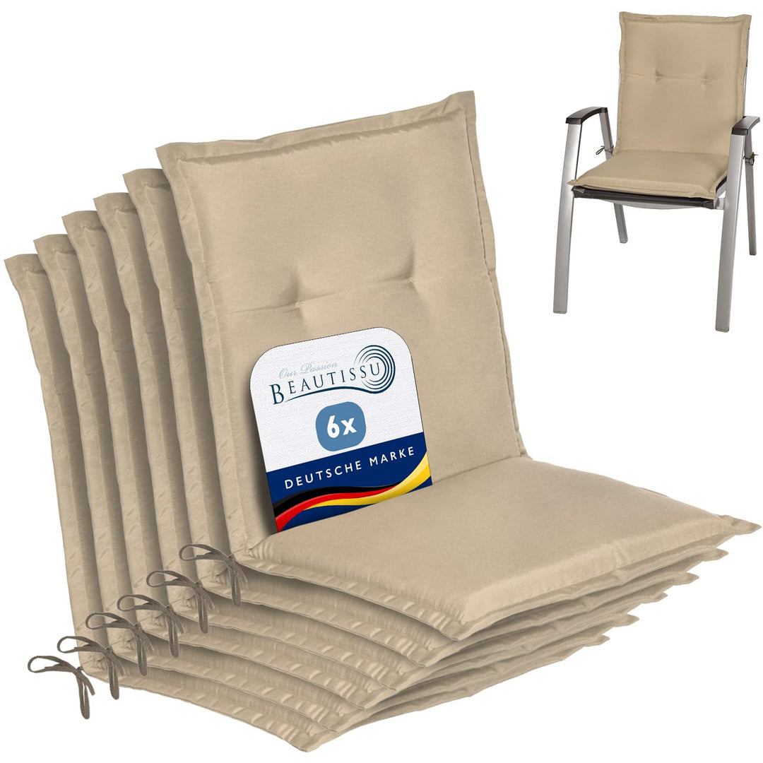 Beautissu 6er Set Niedriglehner Auflage Gartenstuhl mit Schaumkern Füllung | 100x50x6cm Natur Sitzki