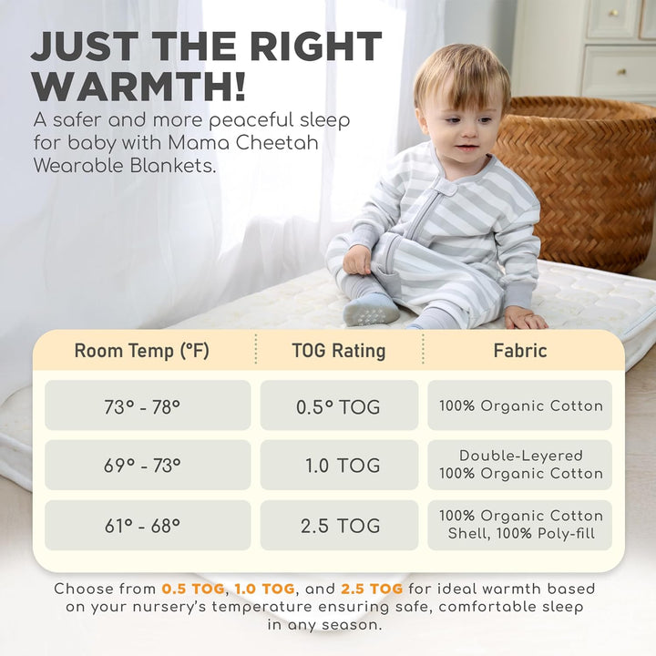 Mama Cheetah Toddler Schlafsack mit Füssen, Long Sleeve 0,5 TOG Bio-Baumwolle Baby Schlafsack mit Be