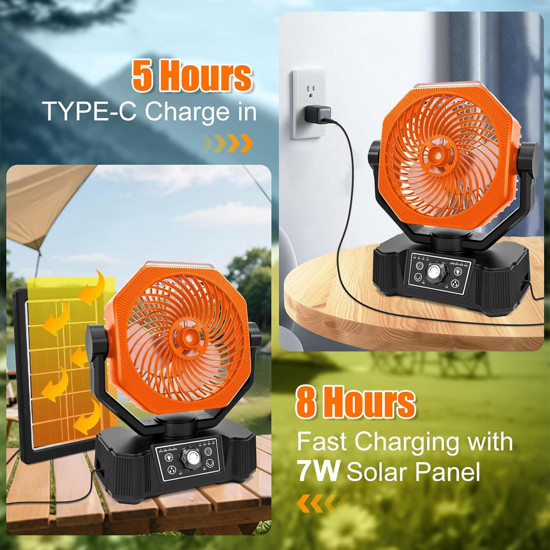 Camping Ventilator mit Wasserkühlung, Solarpanel, licht, 12000mAh Solarventilator Outdoor, Wiederauf