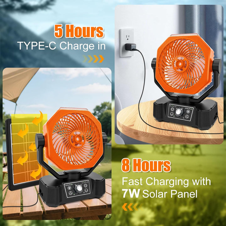 Camping Ventilator mit Wasserkühlung, Solarpanel, licht, 12000mAh Solarventilator Outdoor, Wiederauf
