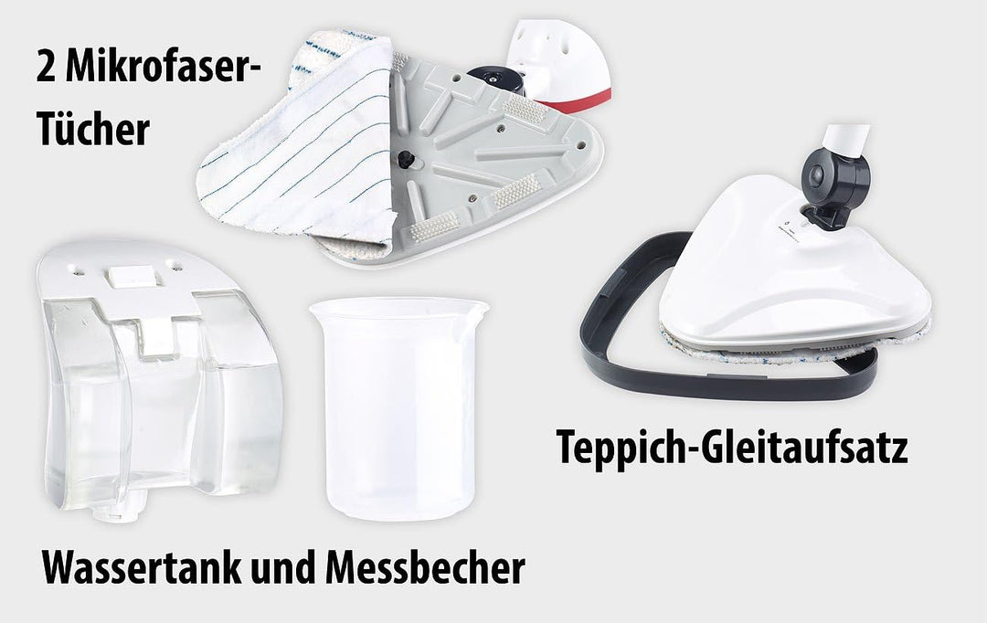 Sichler Haushaltsgeräte Dampfmop: 2in1-Dampfbesen DB-250 mit Dreieck-Fuss & Teppich-Gleitaufsatz, 1.
