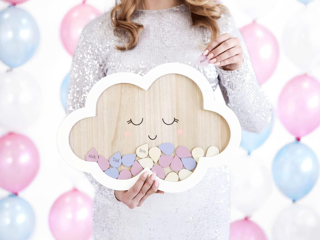 Unbekannt Gäste-Buch Holz-Rahmen mit 30 Wolken aus Holz als Gästebuch zur Taufe, Baby-Shower-Party K