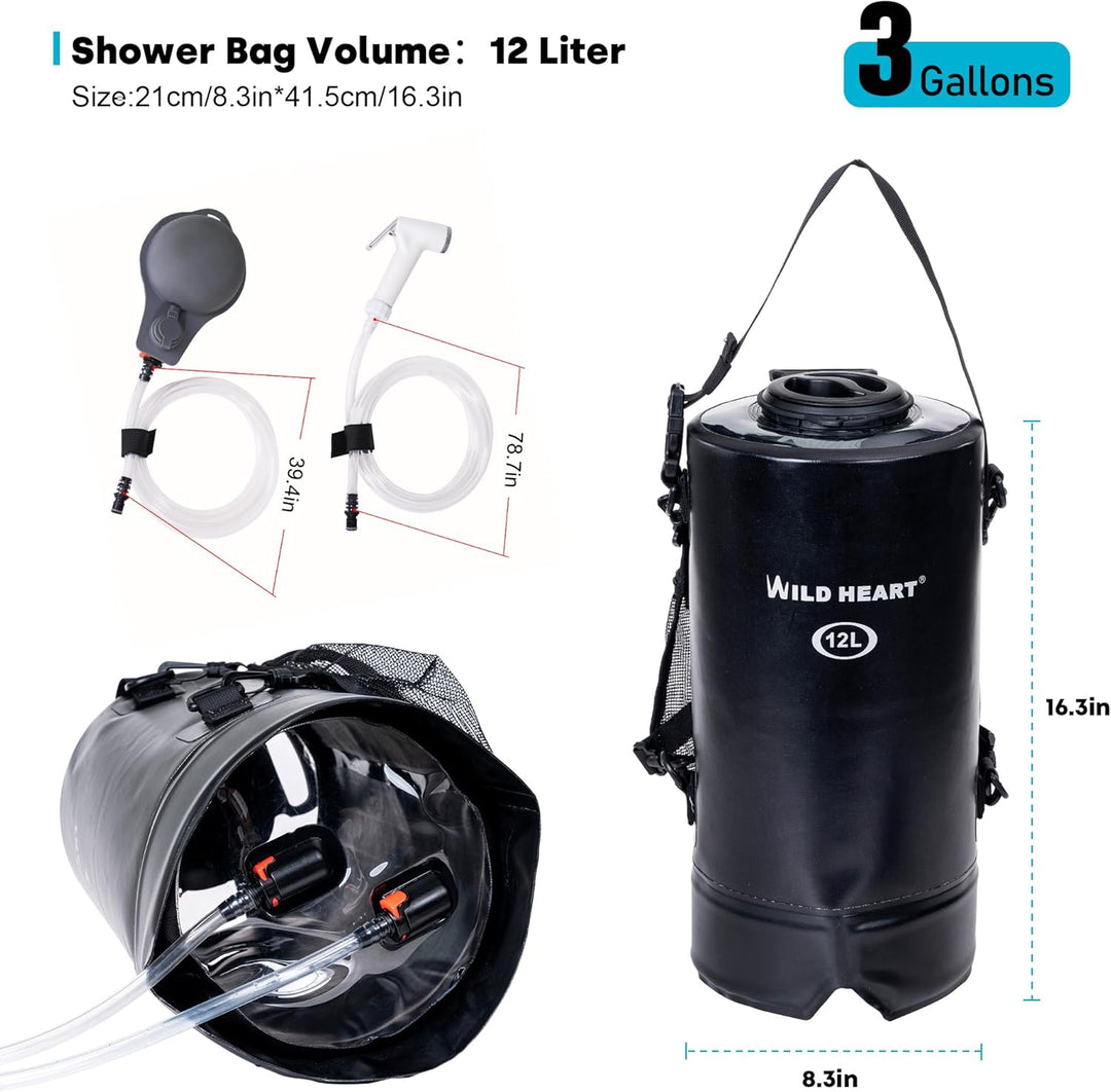 WILD HEATCampingdusche 12L 22L Tragbare Dusche für Camping mit Druckfusspumpe und Duschbeutel-Rucksa