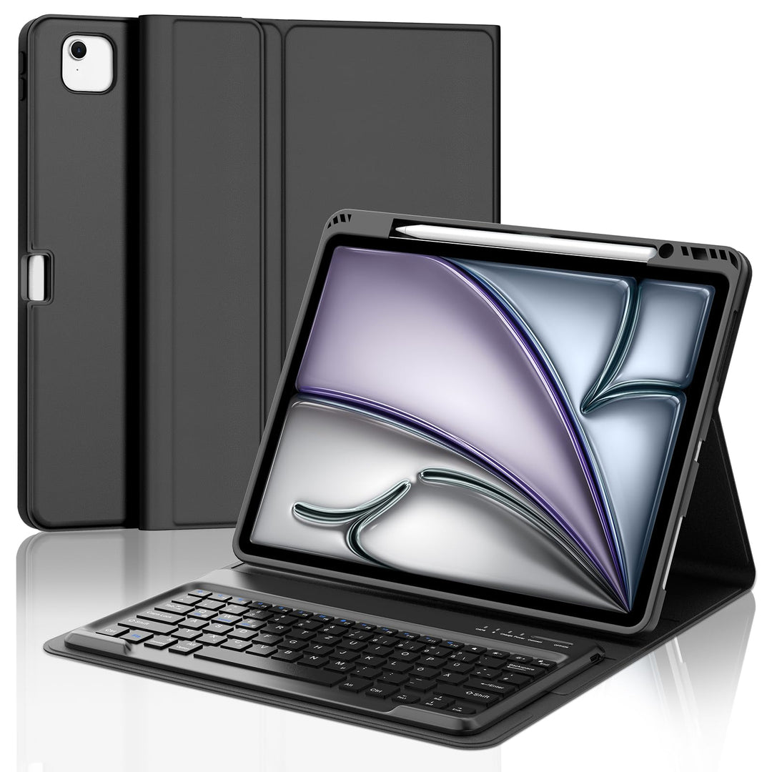 Hülle mit Tastatur für iPad Air 13" (2026 M4/2025 M3/2024 M2) & Pro 12.9" (2018-2022), Deutsches QWE