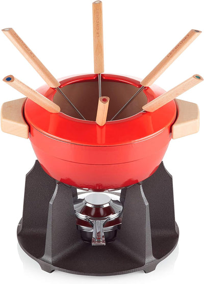 Le Creuset Gusseisen Fondue-Set, Inkl. 2 Holzgriffen, Spritzschutz, Rechaud und 6 Fonduegabeln, 2,0