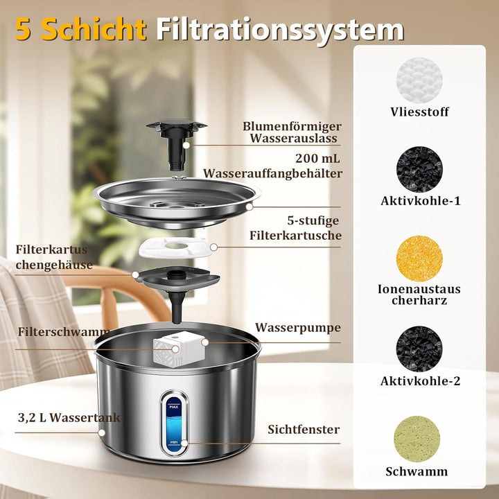 Katzenbrunnen Edelstahl 3,2L/112oz Trinkbrunnen für Katze mit Wasserbrunnen, Vierfach-Filtersystem,