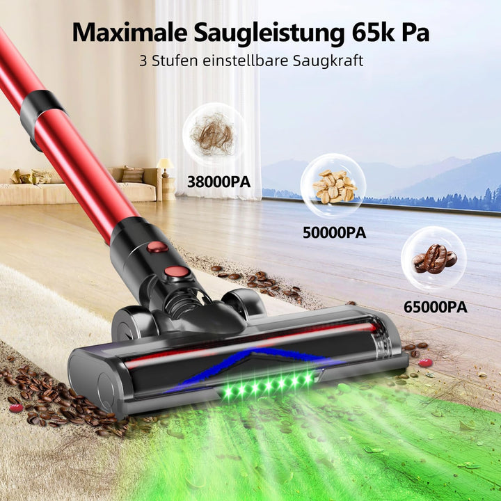 Akku Staubsauger, 65kPa/70Min Staubsauger kabellos, 1.8L Staubbehälter, 8-stufiges Filtersystem, LED