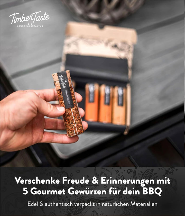 TIMBER TASTE® Grill Gewürze Geschenkset Männer | 5 erlesene BBQ Grillgewürze inkl. Rezepte | Grill Z