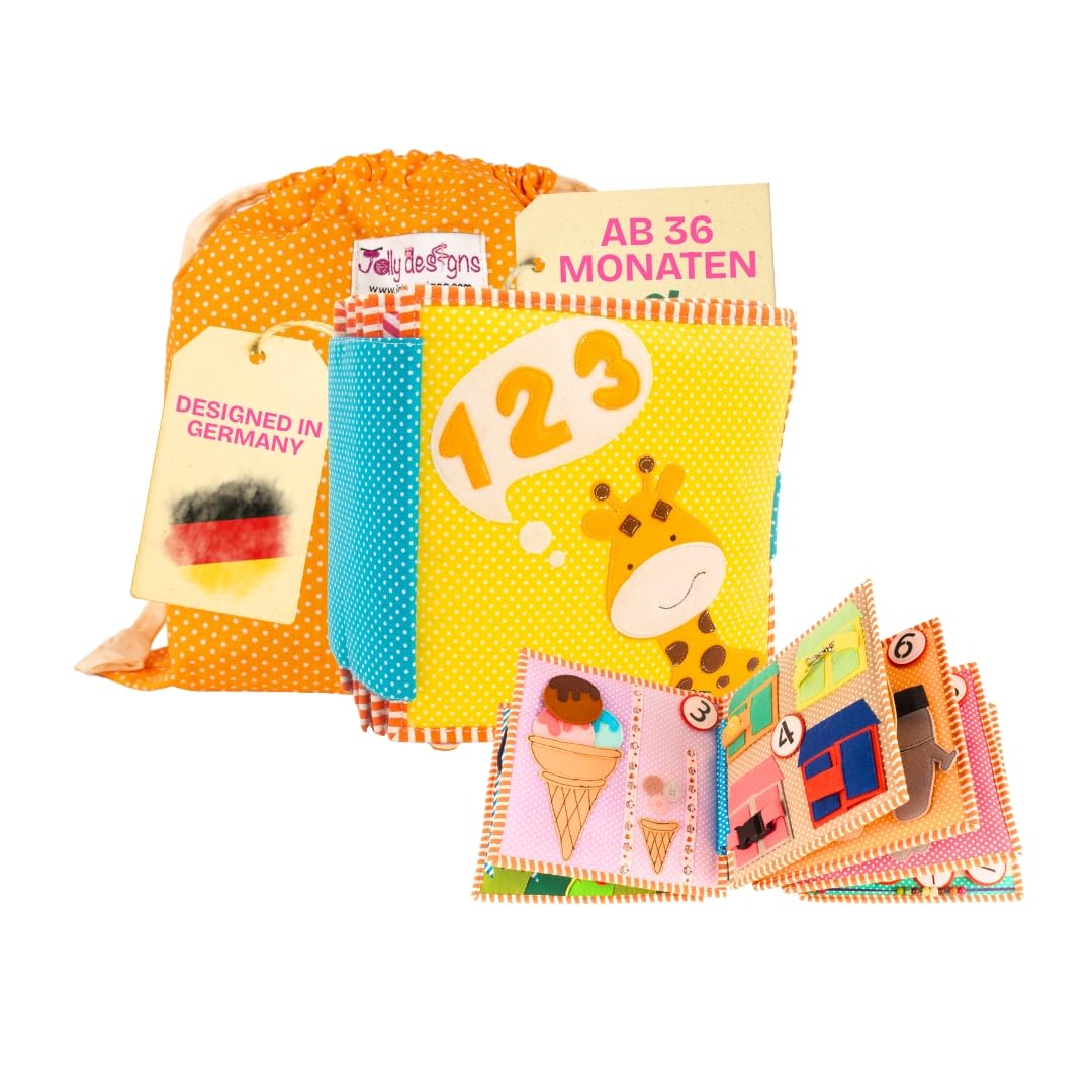 Jolly Designs – 1,2,3 – 10 Seiten Premium - Quiet Book – Montessori Spielzeug ab 3 Jahren – Motorik