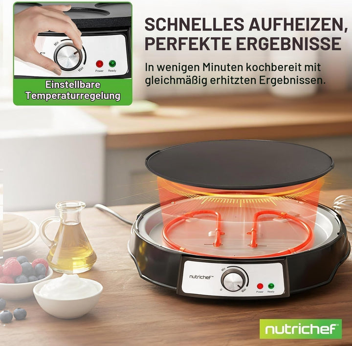 NutriChef Crepes Maker 30 cm mit Abnehmbarer Wendeplatte - Antihaft Oberfläche, LED Anzeige und Temp
