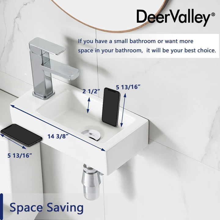 DeerValley DV-1V081L Badezimmerwaschbecken aus Keramik zur Wandmontage, Kleines Badezimmer, Weisses