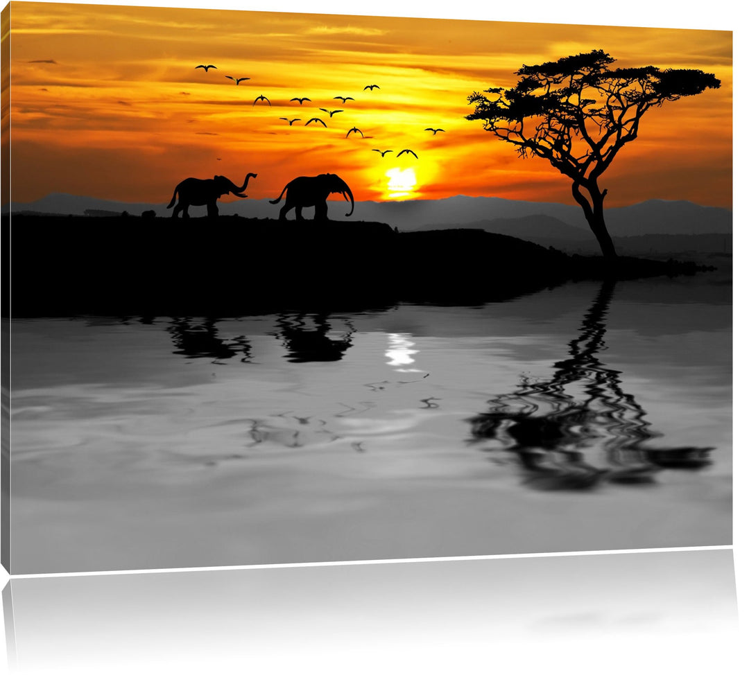 Afrikanische Steppe mit Elefanten schwarz/weiss Format: 100x70 auf Leinwand, XXL riesige Bilder fert