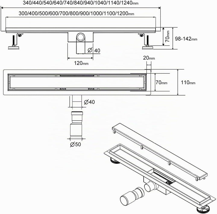 SaniteModar Duschrinne 80cm, Siphon mit Geruchsstop und Haarfilter, Bodenablauf, Befliesbar, Badezim