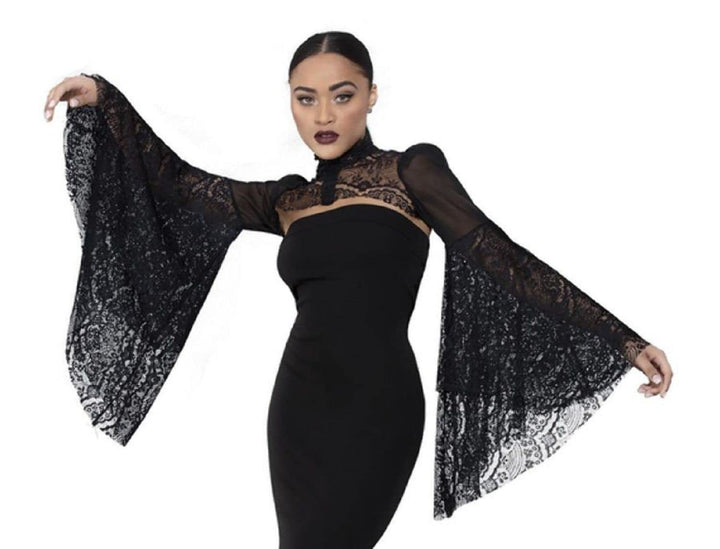MIMIKRY Gothic Langarm-Bolero Fledermausärmel Stehkragen Spitze Jäckchen Steampunk viktorianisch Vam
