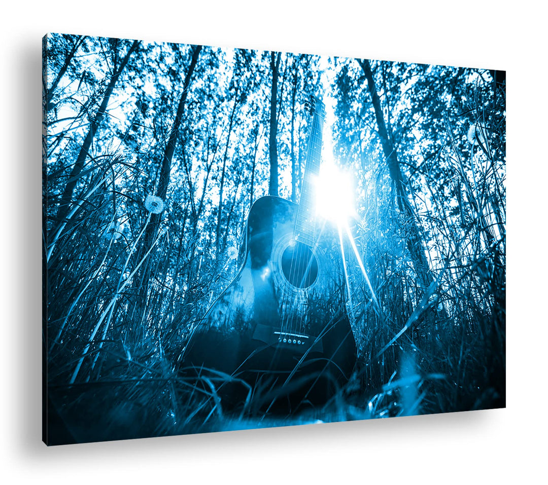 deyoli akustische Gitarre im idyllischen Wald Format 60x40 Effekt: Monocrome Blau als Leinwandbild,
