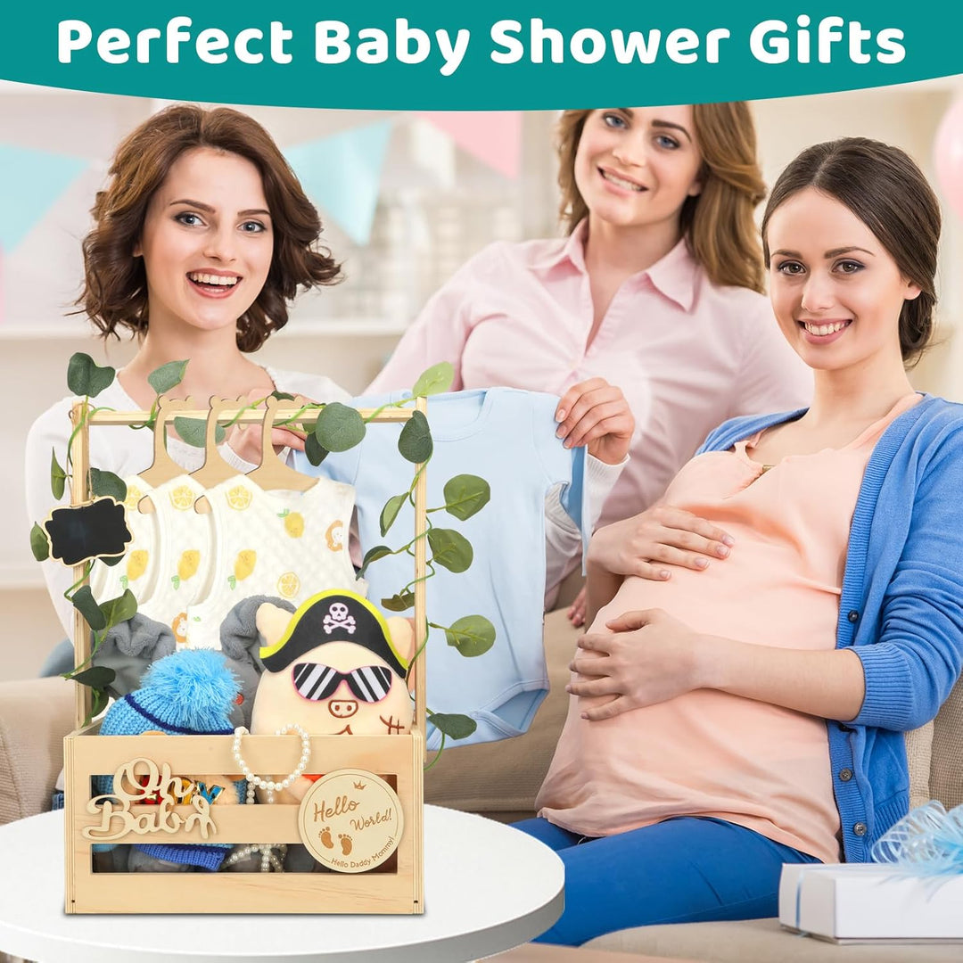 Babyparty Geschenk mit Holz, Babykorb mit 6 Holzkleiderbügel und Dekorblättern, Geschenkkorb Baby Ko
