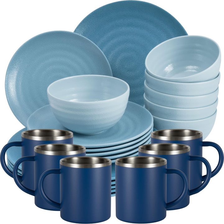 Melamin Geschirr Set Blau Edelstahl Thermo Tassen Tonoptik Picknick Camping 6 Personen - Edelstahlta