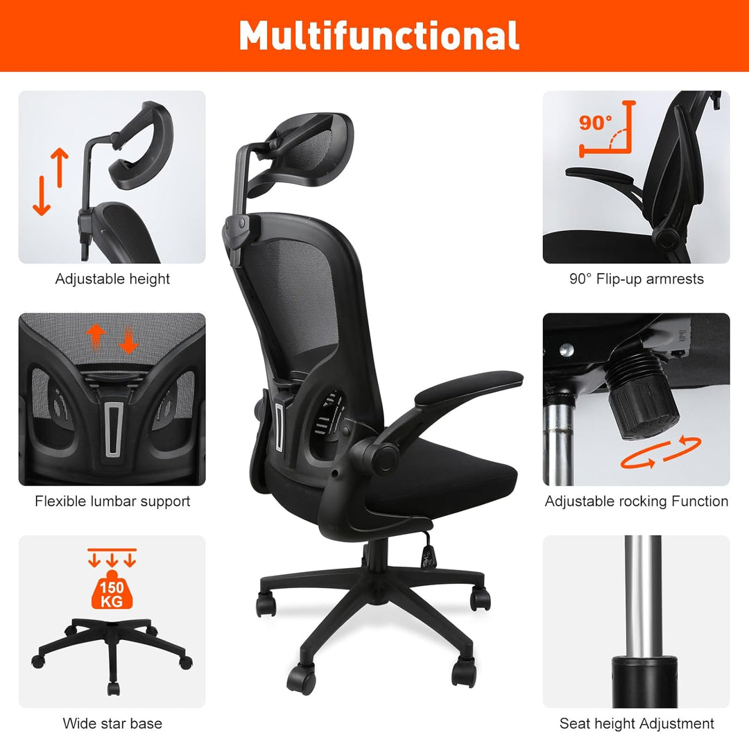 Bürostuhl Ergonomisch, HANGHAIGO Schreibtischstuhl, Bürostuhl mit Kopfstütze, Armlehnen, Lendenwirbe