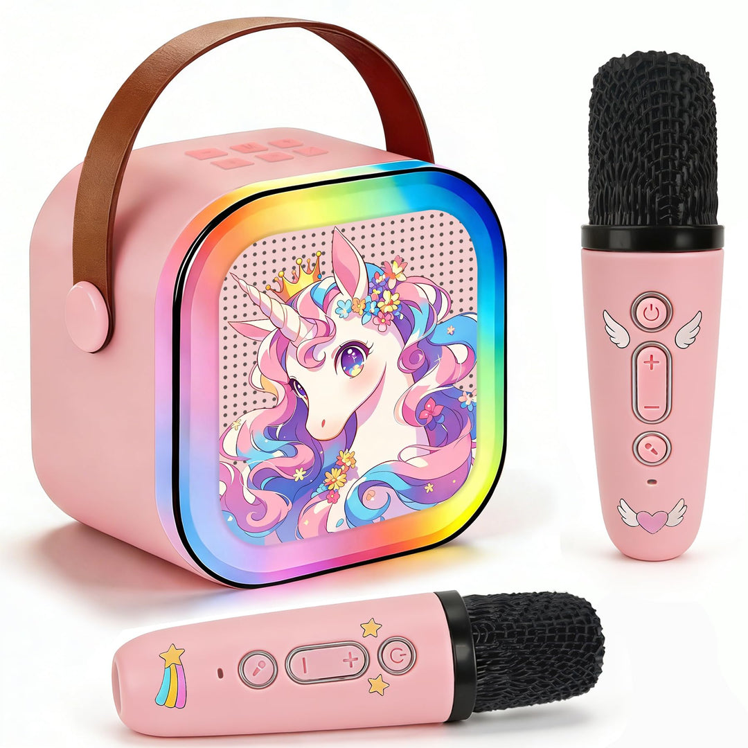 Karaoke Maschine Kinder Mit 2 Mikrofonen, Tragbarer Wiederaufladbar Bluetooth, Bunte LED Lichter, AU