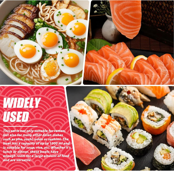 2er Ramen Bowl Set mit Stäbchen und Löffel - 1000ml Japanisches Geschirr für Suppe, Pho und Sushi -