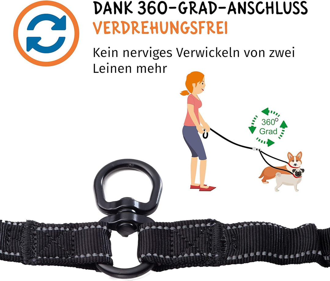 Floxik Doppelleine Komplett-Set gross | Flexible, reflektierende Premium Hundeleine für Zwei Hunde z