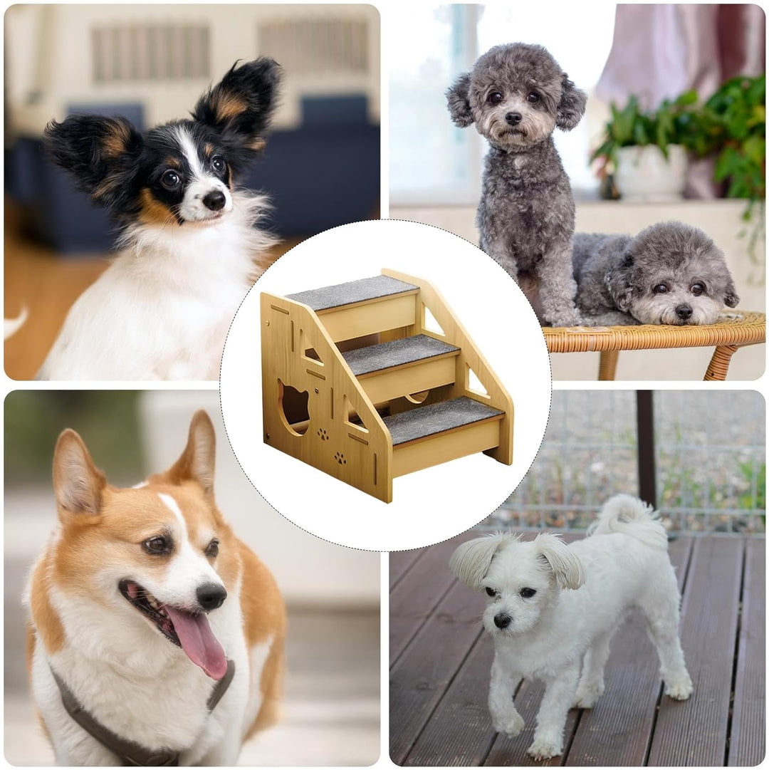Hunderampe,Stabile rutschfeste Holztreppe für Hunde und Katzen - 3-Stufen-Hundetreppe für hohe Bette