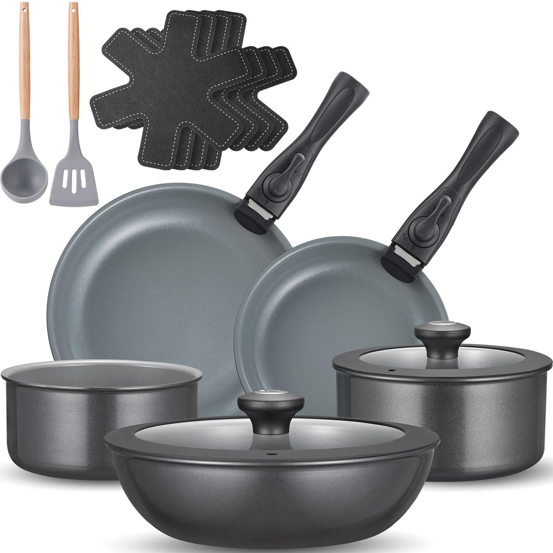 BEZIA Induktions Töpfe Set 17-Tlg, Keramik Pfannenset mit abnehmbarer Griff, Camping Kochtopf Set fü