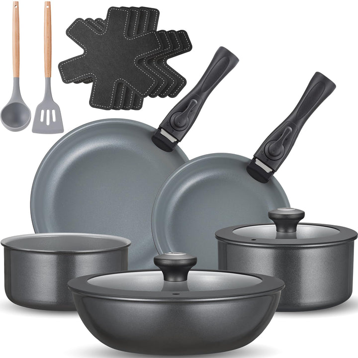 BEZIA Induktions Töpfe Set 17-Tlg, Keramik Pfannenset mit abnehmbarer Griff, Camping Kochtopf Set fü