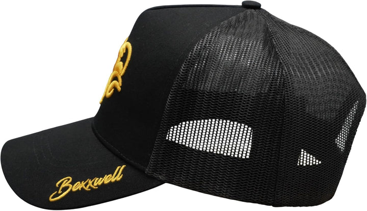 Bexxwell Trucker Cap schwarz/Gold mit 3D Logo-Stickerei (optimale Passform, Kappe, Black, Truckercap