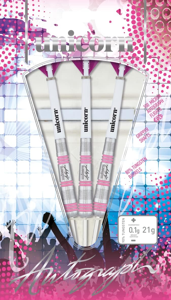 Unicorn Dartpfeile-Set aus Stahlspitze | Autogramm-Serie | 80% natürliche Wolfram-Schäfte mit rosa A