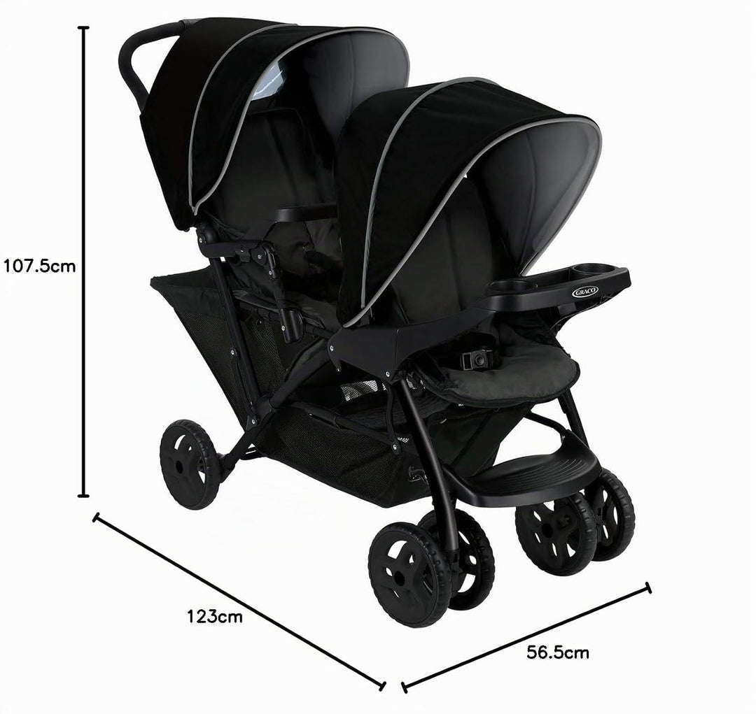 Graco Stadium Duo Geschwisterwagen, Zwillingswagen, 0-15 kg, grosser Staukorb, inkl. Snacktabletts,