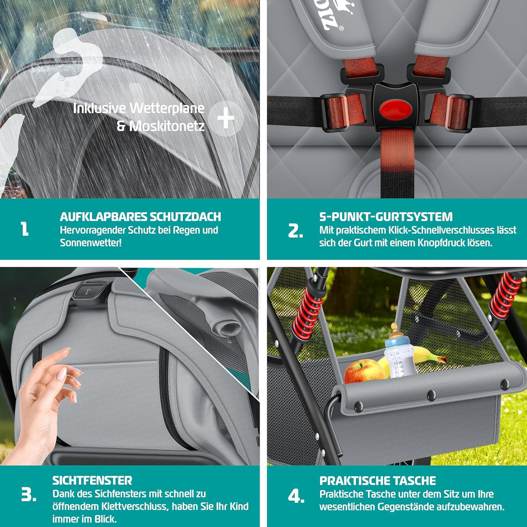 KIDIZ® Kinderwagen Kinderbuggy klappbar Liegebuggy Sportwagen Faltbar 360° Räder 5-Punkt Gurt Inkl.