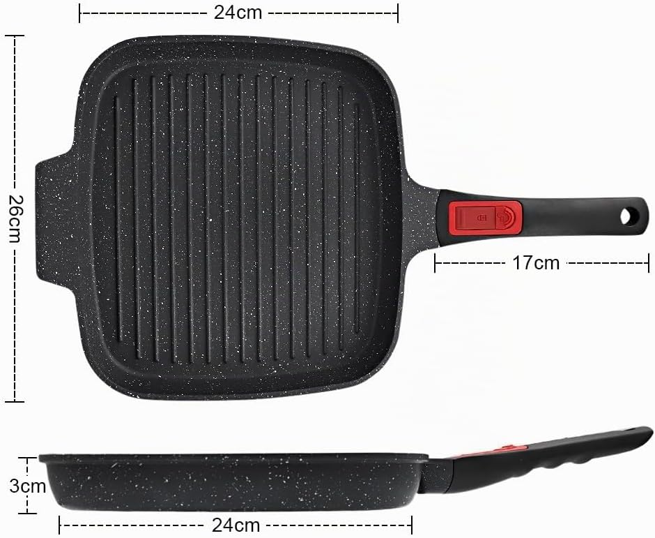 Grillpfanne Induktion mit Abnehmbarer Griff, 24 cm Steakpfanne Antihaft Beschichtet Aluminium Grill