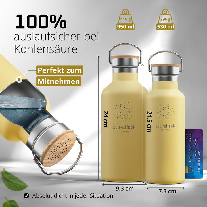 Trinkflasche Edelstahl mit Strohhalm, Infuser + 3 Deckel: BPA-frei, Auslaufsicher, Kohlensäure geeig