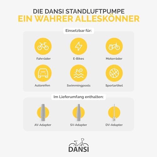 DANSI Stand-Fahrradpumpe alle Ventile AV, SV, DV - Luftpumpe Fahrrad Inklusive Grossem Manometer, Ad