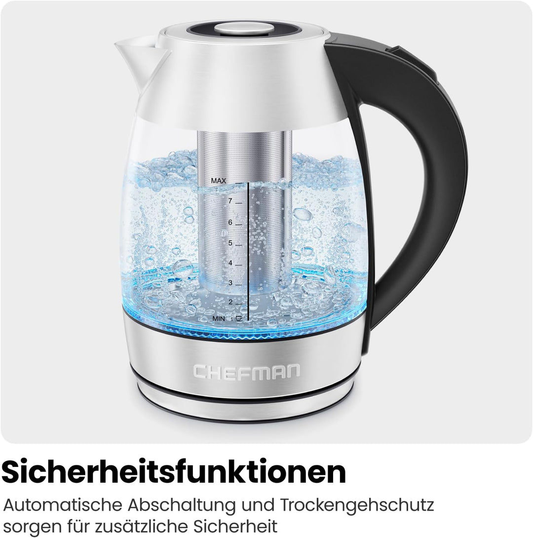 Chefman Elektrischer Wasserkocher Glas mit Teesieb, 1.8 Liter, LED-Anzeige, Abnehmbarer Deckel für L