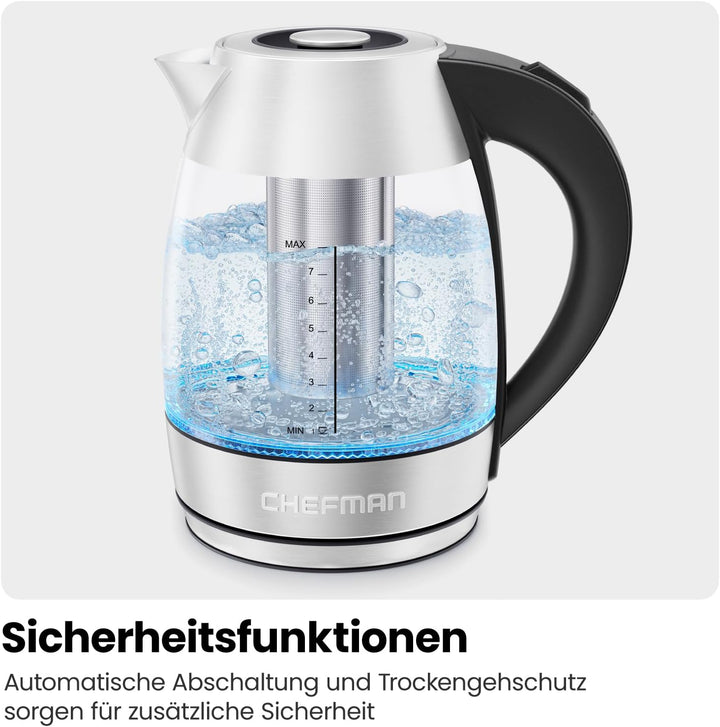 Chefman Elektrischer Wasserkocher Glas mit Teesieb, 1.8 Liter, LED-Anzeige, Abnehmbarer Deckel für L