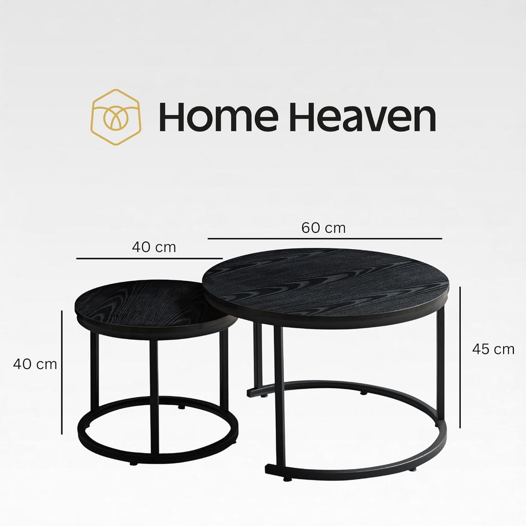 HeyHeaven® Couchtisch Rund Holz 2er Set – Runder Coach Tisch Schwarze Holz Optik mit Schwarze Metall