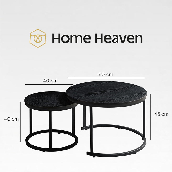 HeyHeaven® Couchtisch Rund Holz 2er Set – Runder Coach Tisch Schwarze Holz Optik mit Schwarze Metall